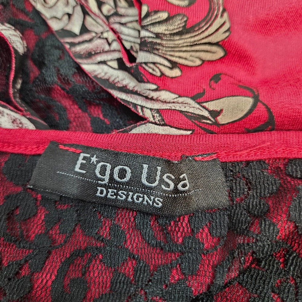 Ego Usa Designs Burgundy Skull Rhinestone Shredded Lace Back Tank Top Medium U21 - Picture 7 of 8
